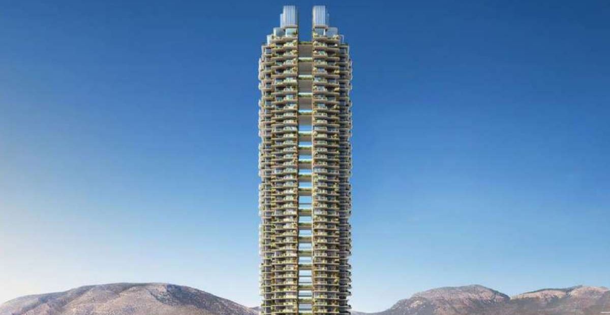 Riviera Tower: &Omicron; &pi;&iota;&omicron; &psi;&eta;&lambda;ό&sigmaf; &pi;&rho;ά&sigma;&iota;&nu;&omicron;&sigmaf; &omicron;&upsilon;&rho;&alpha;&nu;&omicron;&xi;ύ&sigma;&tau;&eta;&sigmaf; &sigma;&tau;&eta; &Mu;&epsilon;&sigma;ό&gamma;&epsilon;&iota;&omicron; &sigma;&tau;&omicron; &Epsilon;&lambda;&lambda;&eta;&nu;&iota;&kappa;ό